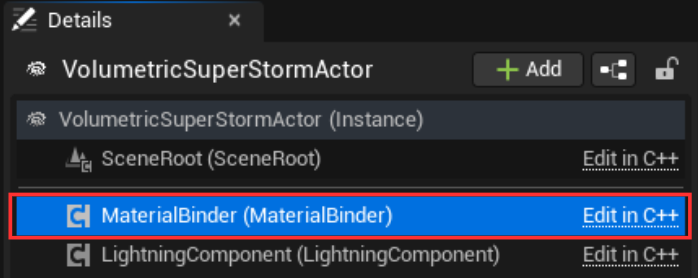 The MaterialBinder component on VolumetricSuperStormActor