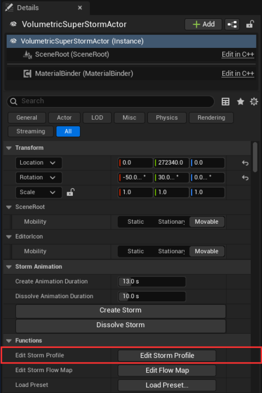 Actor Details panel → Functions → Edit Storm Profile